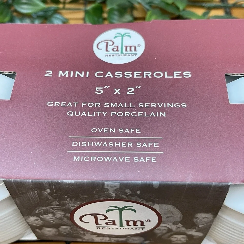 NIB The Palm Restaurant Mini Casserole Ramekin Set 2 White Porcelain Steakhouse